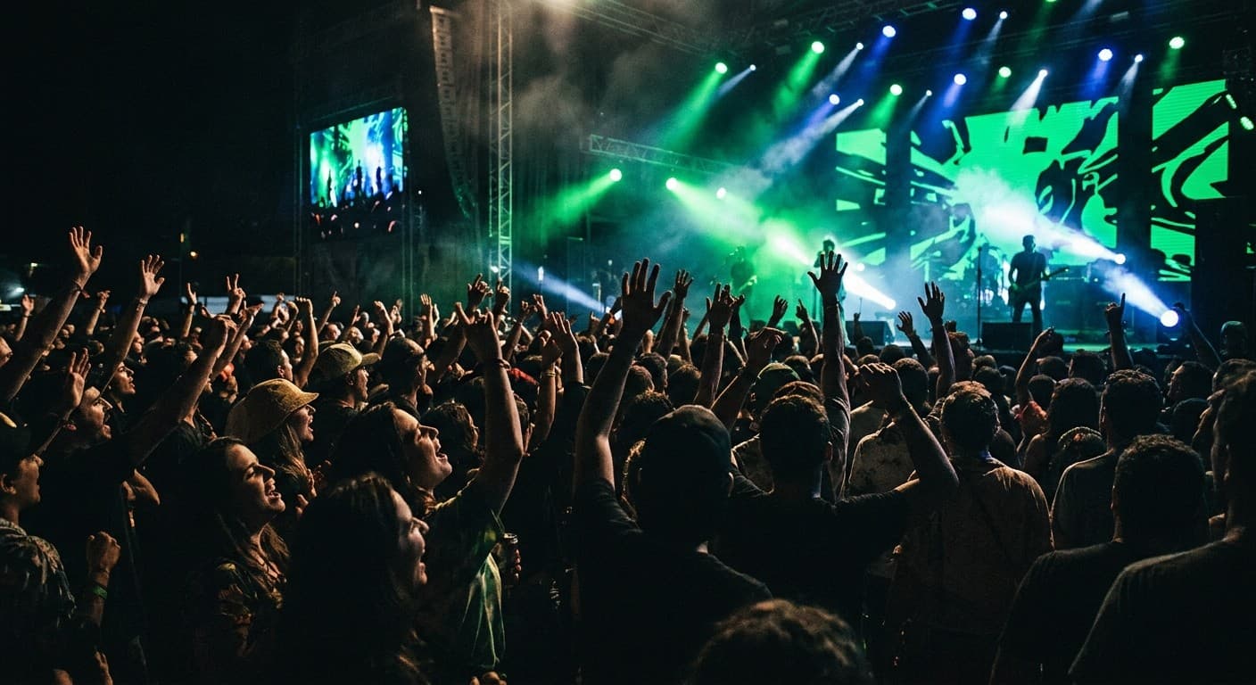 Live show with the crowd's arms raised in front of a stage lit in green