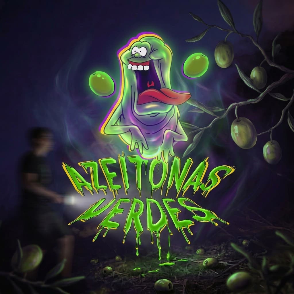 Azeitonas Verdes logo artwork with dripping green letters and an olive with a face