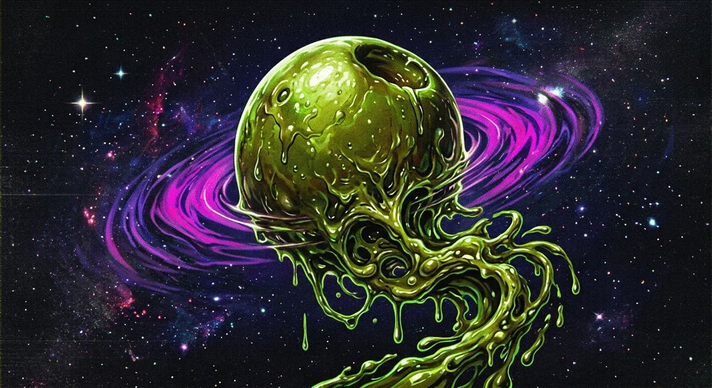 Illustration of a green olive melting in space, surrounded by purple rings