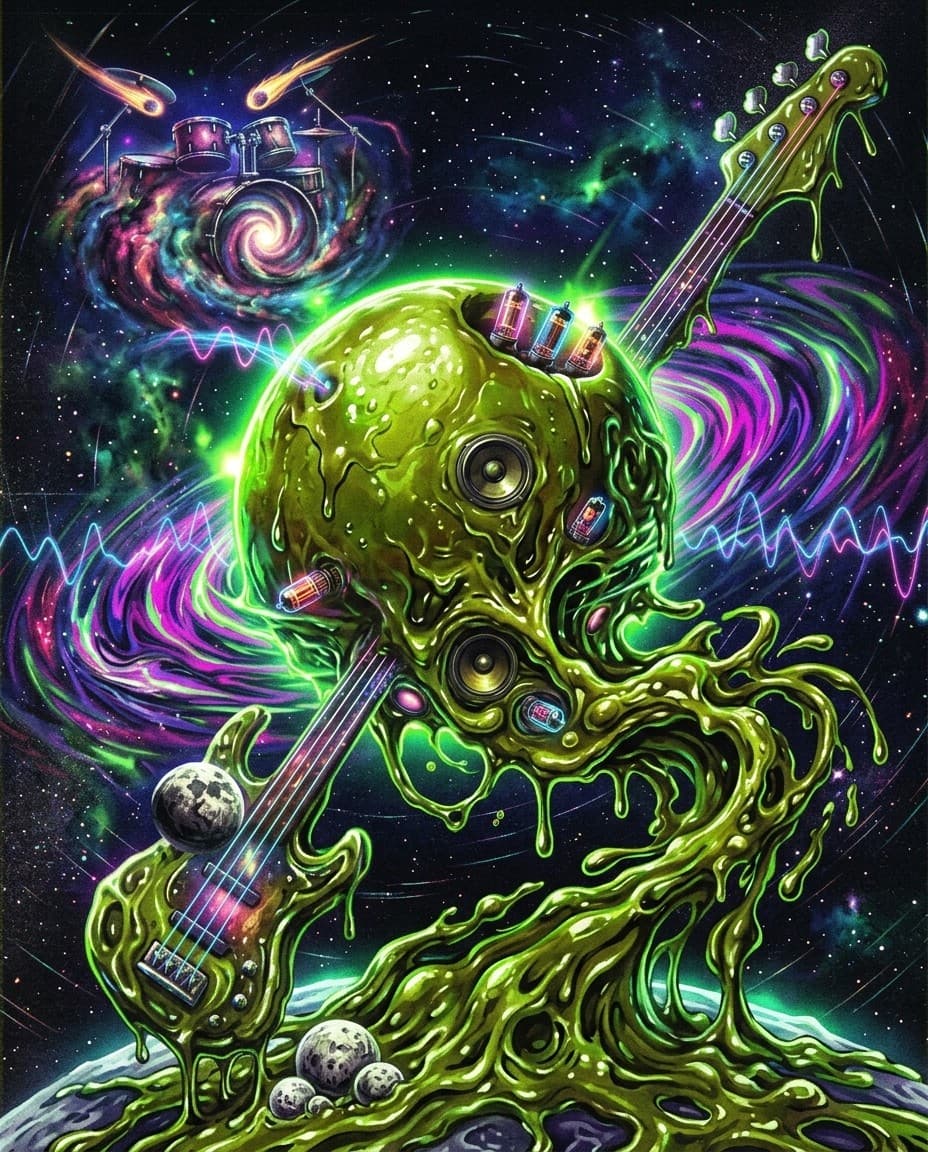 Psychedelic illustration of an olive with a guitar on a planet, in green, purple and blue